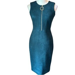 Calvin Klein sleeveless forest green sheath dress with gold zip in front